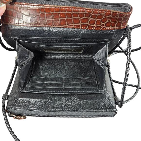 VTG Brighton Organizer Crossbody Bag Brown Croc Embossed Braided Strap Silver - Picture 4 of 11
